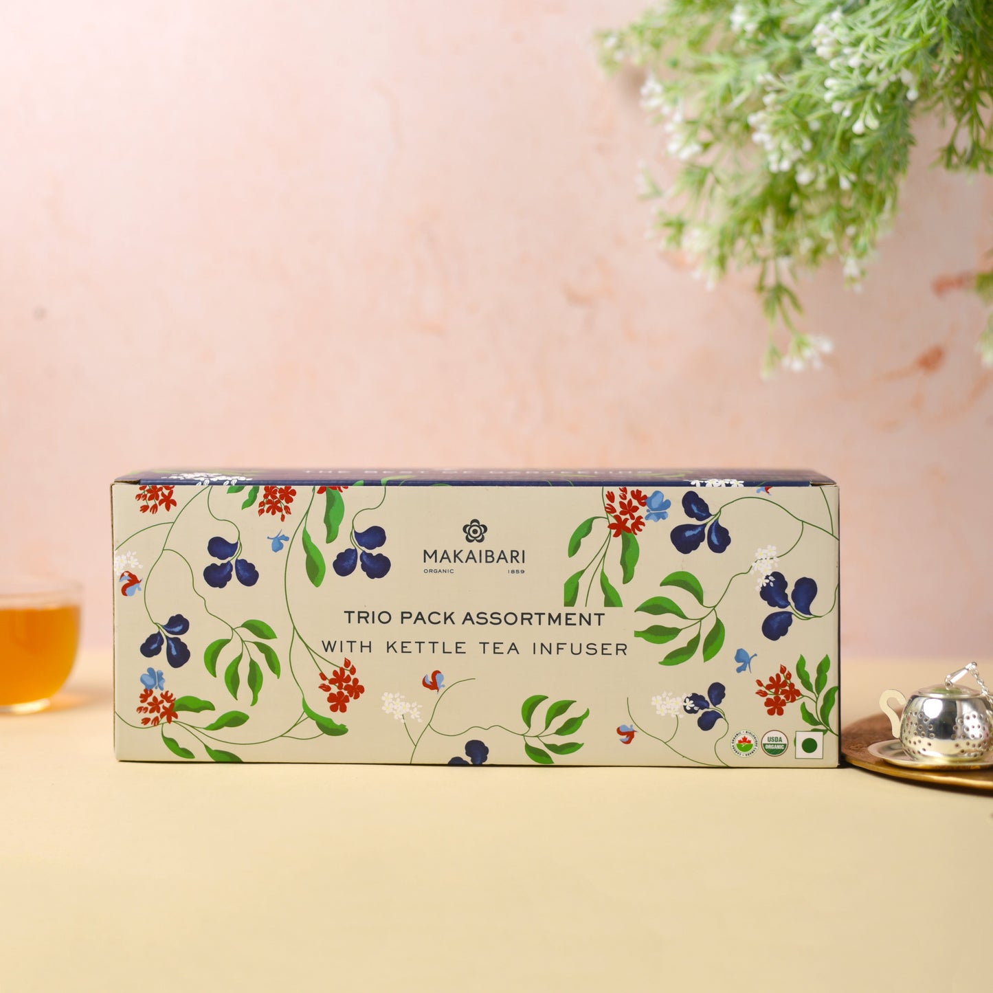 Makaibari Gift Pack Trio Assortment with Infuser | Perfect Mother's Day Gift | Pack Of 3 Loose Teas in Metal Caddy + 1 Kettle Tea Infuser (1pc Himalayan Spring, 1pc Silver Green & 1pc Summer Solstice Muscatel) - MAKAIBARI TEA