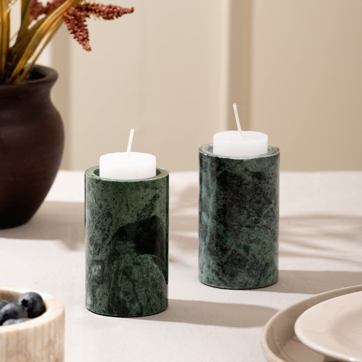 Green Marble Candle Stand - Set of 2