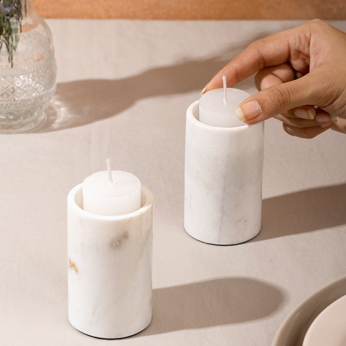 White Marble Candle Stand - Set of 2