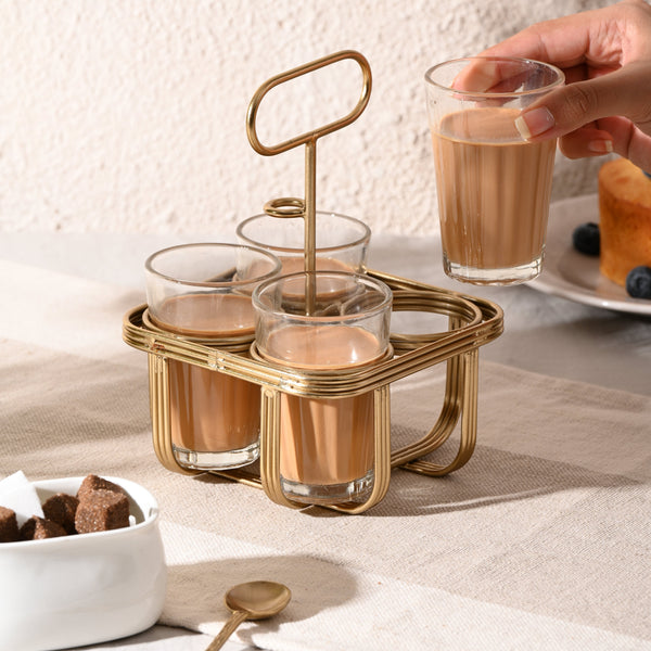 Cutting Chai Cups with Metal Caddy | 4 Cups