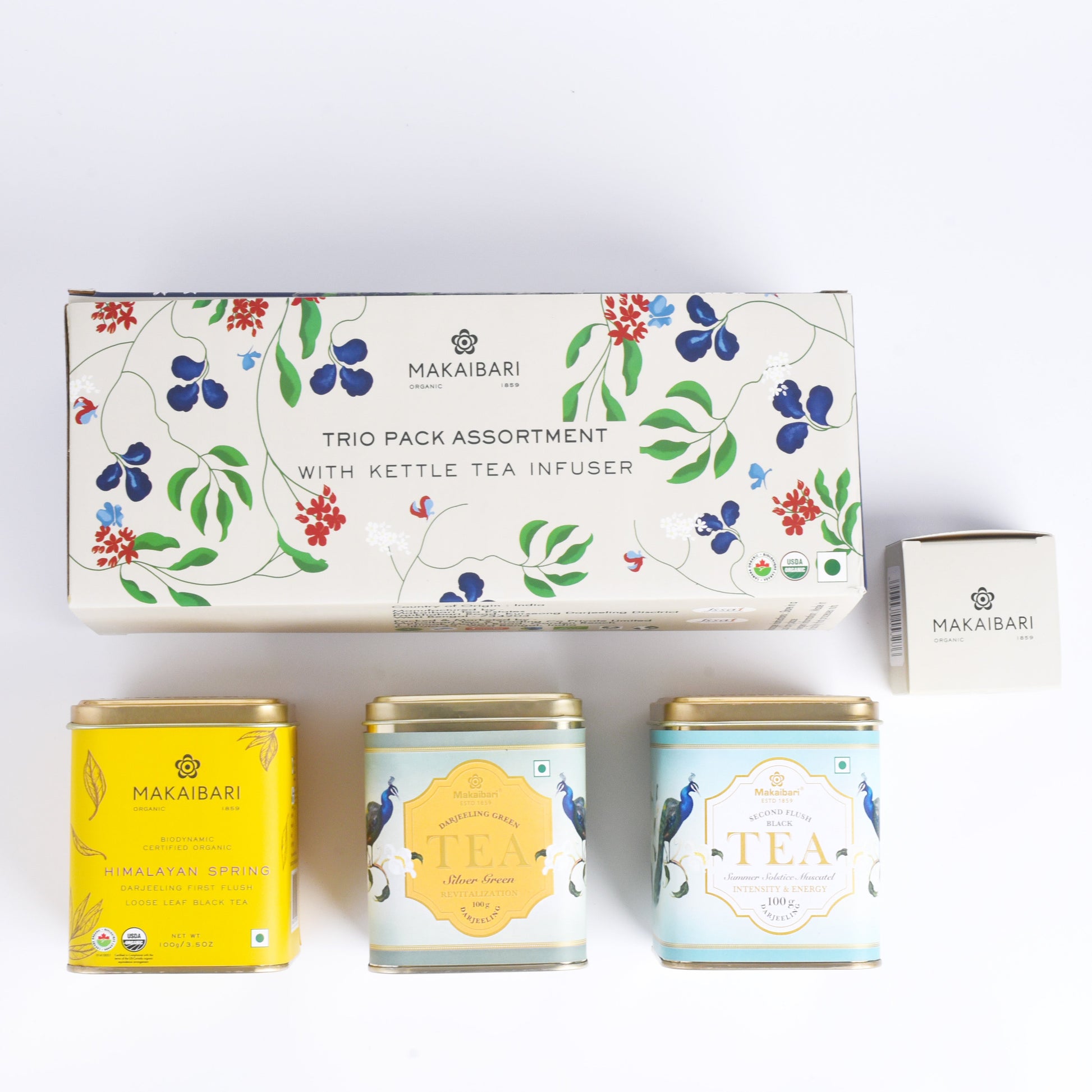 Makaibari Gift Pack Trio Assortment with Infuser | Himalayan Spring, Silver Green, Summer Solstice Muscatel & Kettle Tea Infuser - Makaibari Tea
