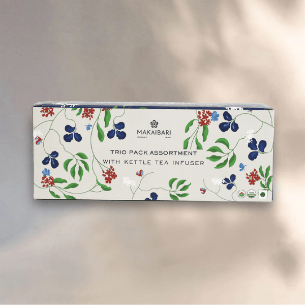 Makaibari Gift Pack Trio Assortment with Infuser | Himalayan Spring, Silver Green, Summer Solstice Muscatel & Kettle Tea Infuser - Makaibari Tea