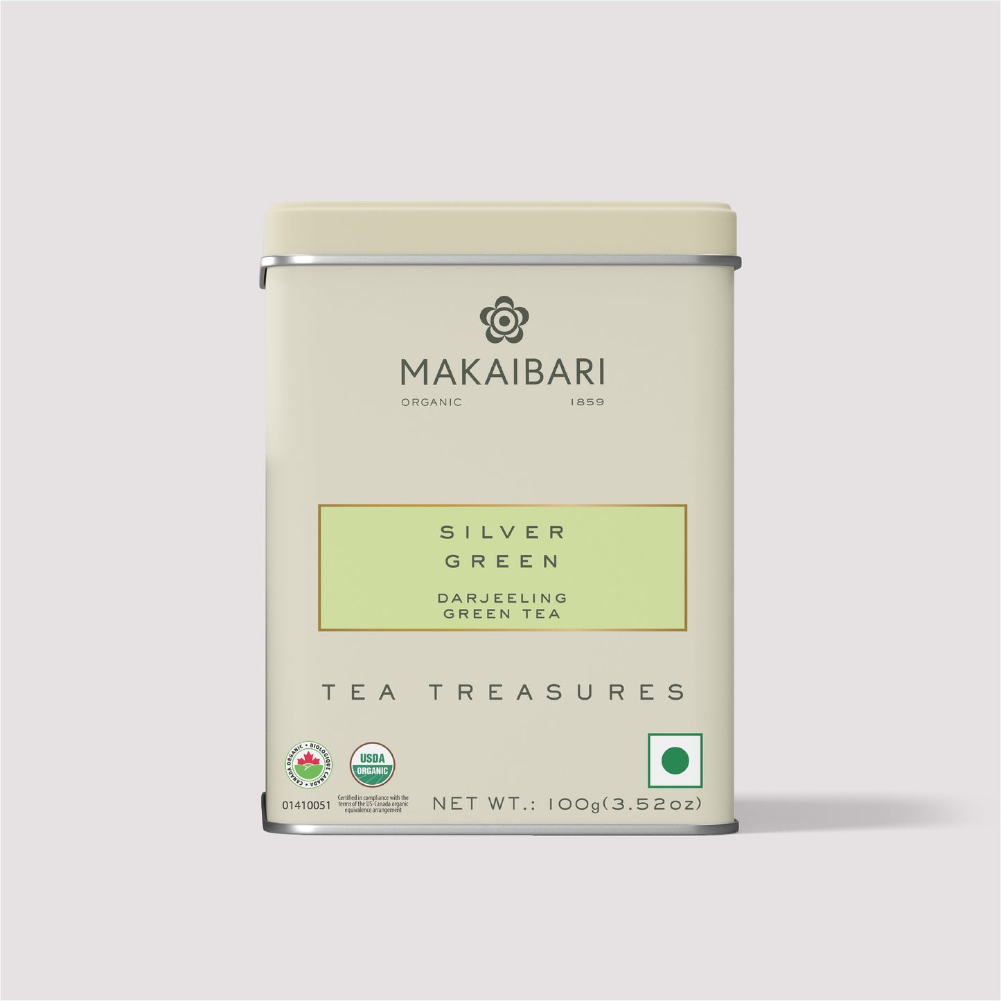 Makaibari Silver Green | 100 gm Tin Caddy with loose tea | Green Tea Pack - Makaibari Tea