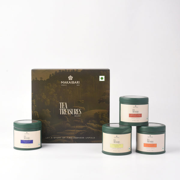 Makaibari Tea Treasures Select Gift Box 100g pack – A Curated Collection of Darjeeling's Finest: First Flush, Second Flush, Darjeeling Roasted, and Darjeeling Green Tea 25g each - MAKAIBARI TEA