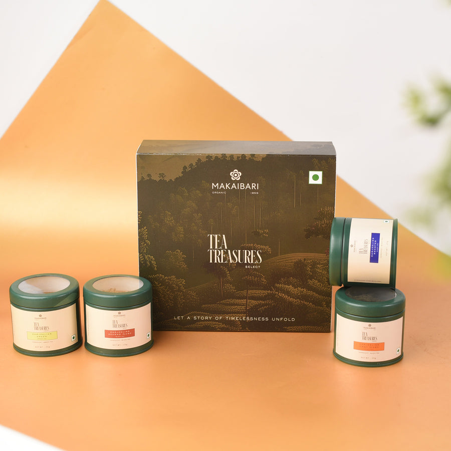 Makaibari Tea Treasures Select Gift Box 100g pack – A Curated Collection of Darjeeling's Finest: First Flush, Second Flush, Darjeeling Roasted, and Darjeeling Green Tea 25g each - MAKAIBARI TEA