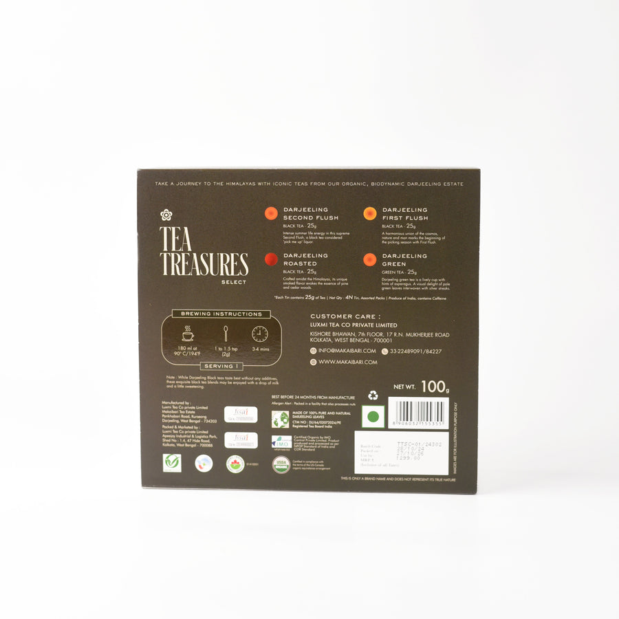 Makaibari Tea Treasures Select Gift Box 100g pack – A Curated Collection of Darjeeling's Finest: First Flush, Second Flush, Darjeeling Roasted, and Darjeeling Green Tea 25g each - MAKAIBARI TEA