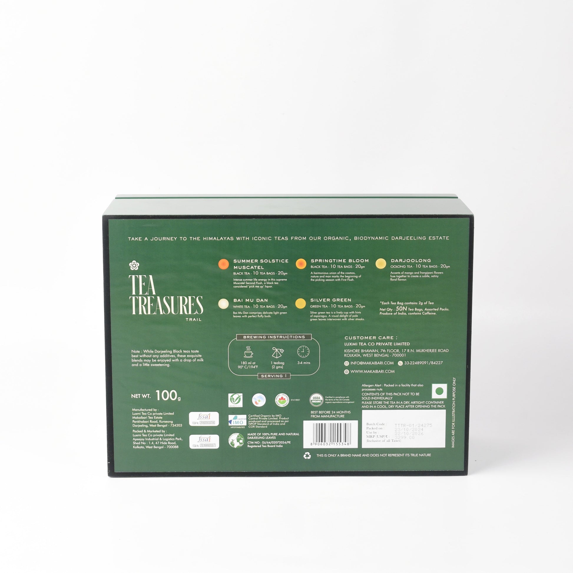 Makaibari Tea Treasures Trail Gift Box | 50 Tea bags | Darjloong 2g*10 | Silver Green 2g*10 | Summer Solstice 2g *10 | Springtime Bloom 2g*10 | Bai Mu dan 2g*10 - MAKAIBARI TEA