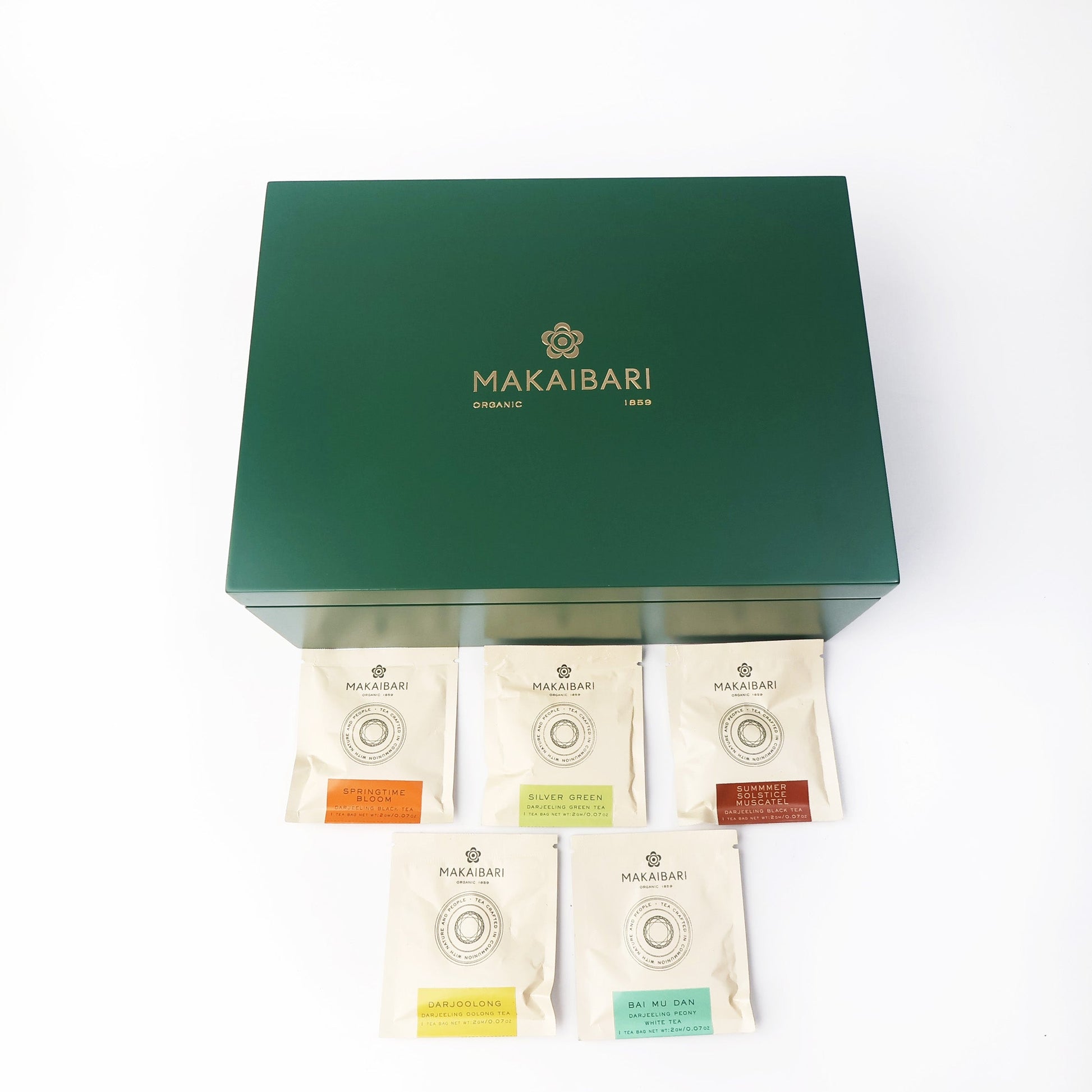 Makaibari Tea Treasures Trail Gift Box | 50 Tea bags | Darjloong 2g*10 | Silver Green 2g*10 | Summer Solstice 2g *10 | Springtime Bloom 2g*10 | Bai Mu dan 2g*10 - MAKAIBARI TEA